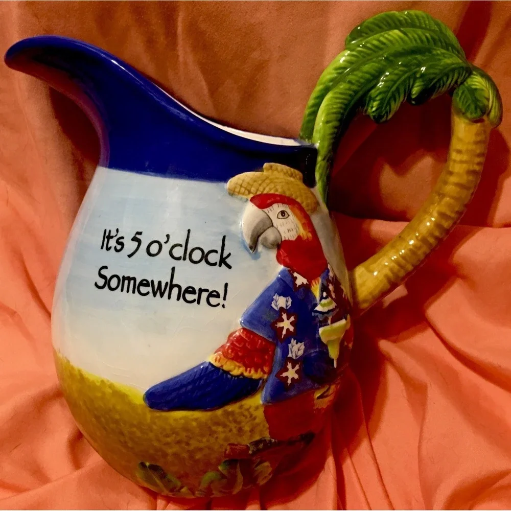 Its 5 O'clock Somewhere Tropical Parrot Palm Tree Ceramic Margarita Pitcher Read